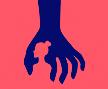 Decoratieve afbeelding van grensoverschrijdend gedrag: een hand boven een vrouwenhoofd